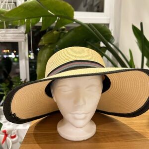 Sloggers Wide-Brim Straw Sun Hat with Black Trim and Striped Band
